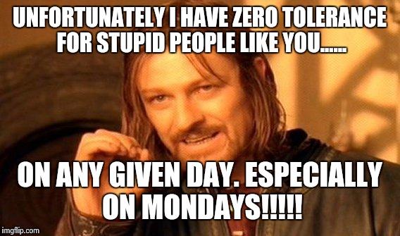 One Does Not Simply | UNFORTUNATELY I HAVE ZERO TOLERANCE FOR STUPID PEOPLE LIKE YOU...... ON ANY GIVEN DAY. ESPECIALLY ON MONDAYS!!!!! | image tagged in memes,one does not simply | made w/ Imgflip meme maker