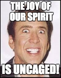 Crazy Nick Cage | THE JOY OF OUR SPIRIT; IS UNCAGED! | image tagged in crazy nick cage | made w/ Imgflip meme maker