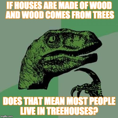 Treehouses | IF HOUSES ARE MADE OF WOOD AND WOOD COMES FROM TREES; DOES THAT MEAN MOST PEOPLE LIVE IN TREEHOUSES? | image tagged in memes,philosoraptor,house,wood,people,deep | made w/ Imgflip meme maker