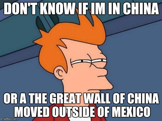 Futurama Fry Meme | DON'T KNOW IF IM IN CHINA; OR A THE GREAT WALL OF CHINA MOVED OUTSIDE OF MEXICO | image tagged in memes,futurama fry | made w/ Imgflip meme maker