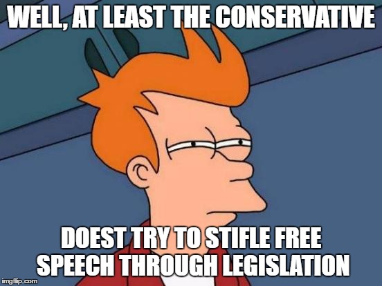 Futurama Fry Meme | WELL, AT LEAST THE CONSERVATIVE DOEST TRY TO STIFLE FREE SPEECH THROUGH LEGISLATION | image tagged in memes,futurama fry | made w/ Imgflip meme maker