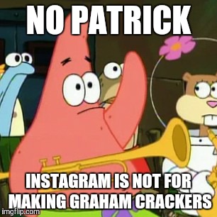 It's mostly for uploading pictures of graham crackers. Or any food. | NO PATRICK; INSTAGRAM IS NOT FOR MAKING GRAHAM CRACKERS | image tagged in memes,no patrick,instagram,graham crackers | made w/ Imgflip meme maker