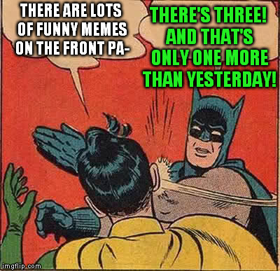 At this rate, it will take weeks to fill the whole FP with good memes | THERE'S THREE! AND THAT'S ONLY ONE MORE THAN YESTERDAY! THERE ARE LOTS OF FUNNY MEMES ON THE FRONT PA- | image tagged in memes,batman slapping robin,imgflip,front page,a fundamental lack of creativity,just a drop in the bucket | made w/ Imgflip meme maker