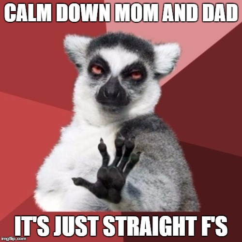 Chill Out Lemur Meme | CALM DOWN MOM AND DAD; IT'S JUST STRAIGHT F'S | image tagged in memes,chill out lemur | made w/ Imgflip meme maker