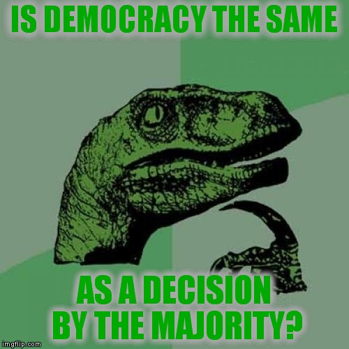 Philosoraptor Meme | IS DEMOCRACY THE SAME; AS A DECISION BY THE MAJORITY? | image tagged in memes,philosoraptor | made w/ Imgflip meme maker