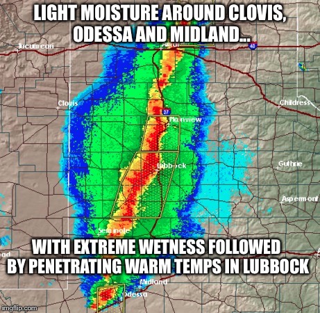 LIGHT MOISTURE AROUND CLOVIS, ODESSA AND MIDLAND... WITH EXTREME WETNESS FOLLOWED BY PENETRATING WARM TEMPS IN LUBBOCK | made w/ Imgflip meme maker