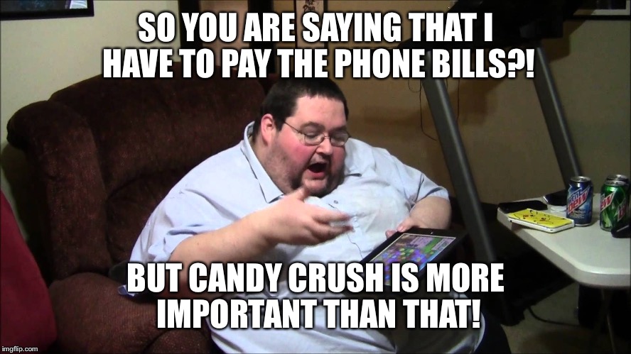 SO YOU ARE SAYING THAT I HAVE TO PAY THE PHONE BILLS?! BUT CANDY CRUSH IS MORE IMPORTANT THAN THAT! | image tagged in but candy crush is more important | made w/ Imgflip meme maker