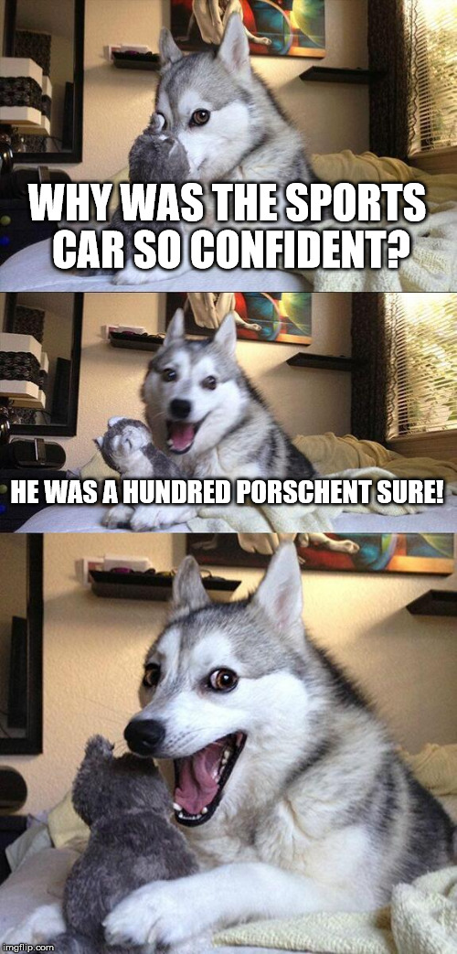 I came up with this on the spot and had to post it | WHY WAS THE SPORTS CAR SO CONFIDENT? HE WAS A HUNDRED PORSCHENT SURE! | image tagged in memes,bad pun dog | made w/ Imgflip meme maker