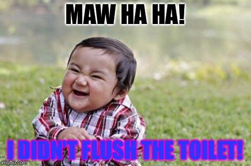 Evil Toddler Meme | MAW HA HA! I DIDN'T FLUSH THE TOILET! | image tagged in memes,evil toddler | made w/ Imgflip meme maker