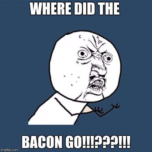 Y U No | WHERE DID THE; BACON GO!!!???!!! | image tagged in memes,y u no | made w/ Imgflip meme maker