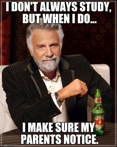The Most Interesting Man In The World | I DON'T ALWAYS STUDY, BUT WHEN I DO... I MAKE SURE MY PARENTS NOTICE. | image tagged in memes,the most interesting man in the world | made w/ Imgflip meme maker