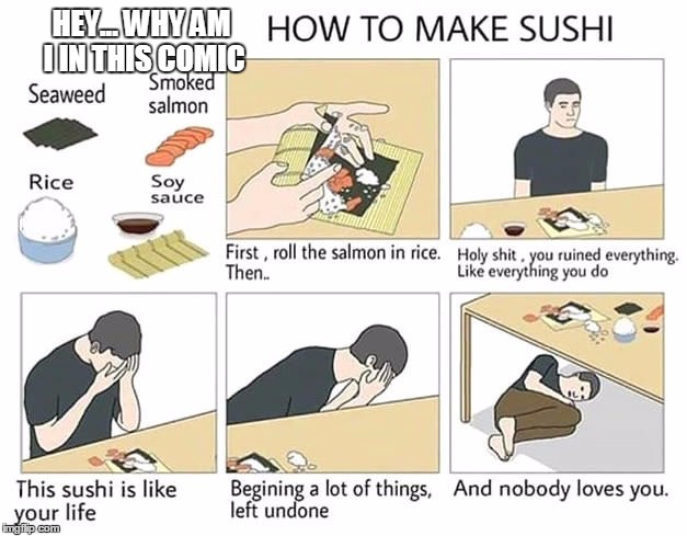 Me | HEY... WHY AM I IN THIS COMIC | image tagged in how to make sushi | made w/ Imgflip meme maker