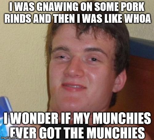 10 Guy | I WAS GNAWING ON SOME PORK RINDS AND THEN I WAS LIKE WHOA; I WONDER IF MY MUNCHIES EVER GOT THE MUNCHIES | image tagged in memes,10 guy | made w/ Imgflip meme maker