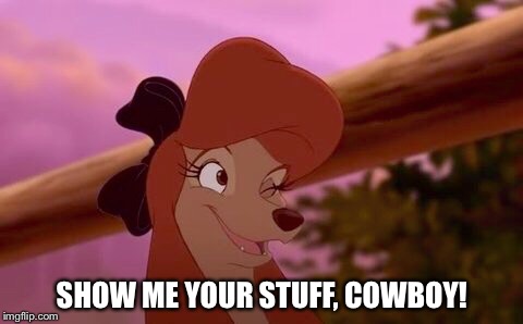 Show Me Your Stuff, Cowboy! | SHOW ME YOUR STUFF, COWBOY! | image tagged in dixie winking,memes,disney,the fox and the hound 2,reba mcentire,dog | made w/ Imgflip meme maker