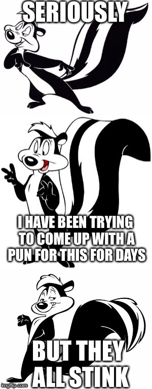 Bad Pun le Pew | SERIOUSLY; I HAVE BEEN TRYING TO COME UP WITH A PUN FOR THIS FOR DAYS; BUT THEY ALL STINK | image tagged in bad pun le pew | made w/ Imgflip meme maker