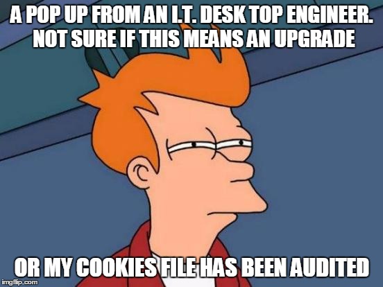 Futurama Fry | A POP UP FROM AN I.T. DESK TOP ENGINEER. NOT SURE IF THIS MEANS AN UPGRADE; OR MY COOKIES FILE HAS BEEN AUDITED | image tagged in memes,futurama fry | made w/ Imgflip meme maker