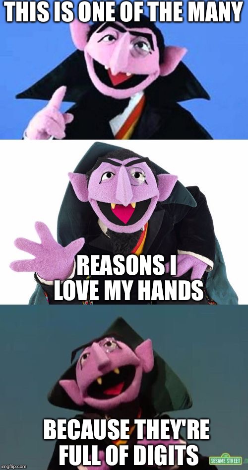 Bad Pun Count | THIS IS ONE OF THE MANY; REASONS I LOVE MY HANDS; BECAUSE THEY'RE FULL OF DIGITS | image tagged in bad pun count | made w/ Imgflip meme maker
