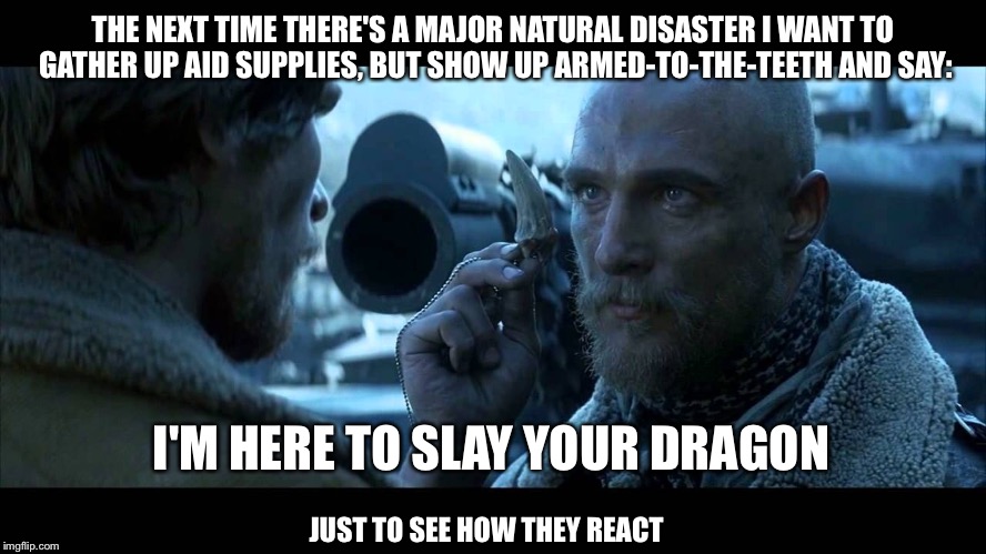 THE NEXT TIME THERE'S A MAJOR NATURAL DISASTER I WANT TO GATHER UP AID SUPPLIES, BUT SHOW UP ARMED-TO-THE-TEETH AND SAY:; I'M HERE TO SLAY YOUR DRAGON; JUST TO SEE HOW THEY REACT | image tagged in van zan | made w/ Imgflip meme maker