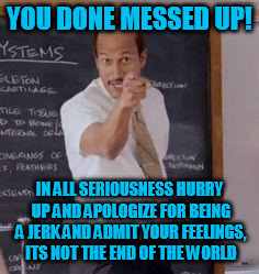 YOU DONE MESSED UP! IN ALL SERIOUSNESS HURRY UP AND APOLOGIZE FOR BEING A JERK AND ADMIT YOUR FEELINGS, ITS NOT THE END OF THE WORLD | made w/ Imgflip meme maker