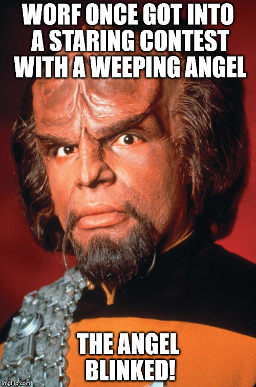 Lieutenant Worf | WORF ONCE GOT INTO A STARING CONTEST WITH A WEEPING ANGEL; THE ANGEL BLINKED! | image tagged in lieutenant worf | made w/ Imgflip meme maker