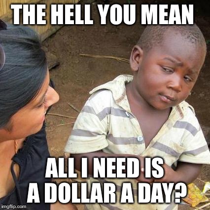 Third World Skeptical Kid | THE HELL YOU MEAN; ALL I NEED IS A DOLLAR A DAY? | image tagged in memes,third world skeptical kid | made w/ Imgflip meme maker