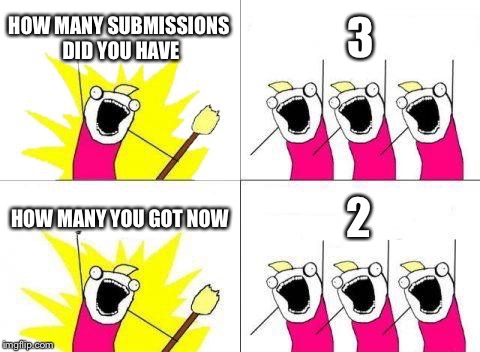 What Do We Want | HOW MANY SUBMISSIONS DID YOU HAVE; 3; HOW MANY YOU GOT NOW; 2 | image tagged in memes,what do we want | made w/ Imgflip meme maker