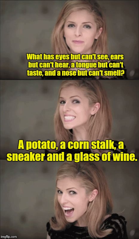 Nothing has it all | What has eyes but can't see, ears but can't hear, a tongue but can't taste, and a nose but can't smell? A potato, a corn stalk, a sneaker and a glass of wine. | image tagged in memes,bad pun anna kendrick | made w/ Imgflip meme maker