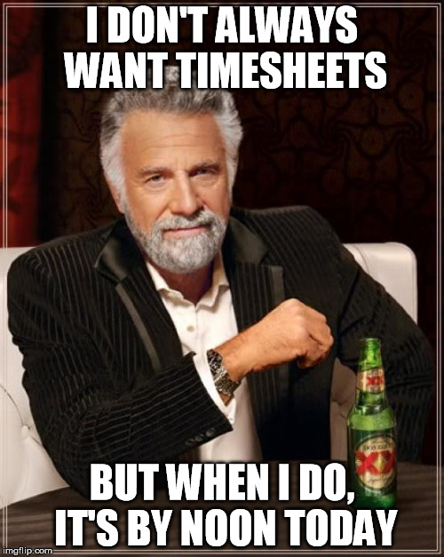 The Most Interesting Man In The World | I DON'T ALWAYS WANT TIMESHEETS; BUT WHEN I DO, IT'S BY NOON TODAY | image tagged in memes,the most interesting man in the world | made w/ Imgflip meme maker