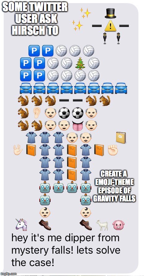 Emoji-Themed Gravity Falls Episode | SOME TWITTER USER ASK HIRSCH TO; CREATE A EMOJI-THEME EPISODE OF GRAVITY FALLS | image tagged in emoji,gravity falls,dipper pines,memes,twitter | made w/ Imgflip meme maker