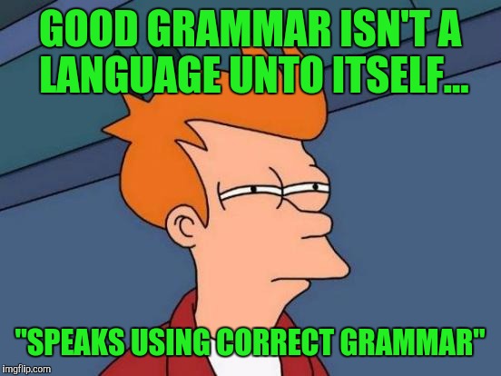 Futurama Fry Meme | GOOD GRAMMAR ISN'T A LANGUAGE UNTO ITSELF... "SPEAKS USING CORRECT GRAMMAR" | image tagged in memes,futurama fry | made w/ Imgflip meme maker