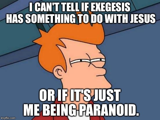 Futurama Fry Meme | I CAN'T TELL IF EXEGESIS HAS SOMETHING TO DO WITH JESUS; OR IF IT'S JUST ME BEING PARANOID. | image tagged in memes,futurama fry | made w/ Imgflip meme maker