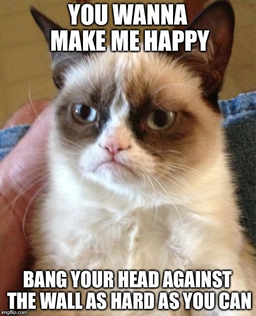 Grumpy Cat | YOU WANNA MAKE ME HAPPY; BANG YOUR HEAD AGAINST THE WALL AS HARD AS YOU CAN | image tagged in memes,grumpy cat | made w/ Imgflip meme maker