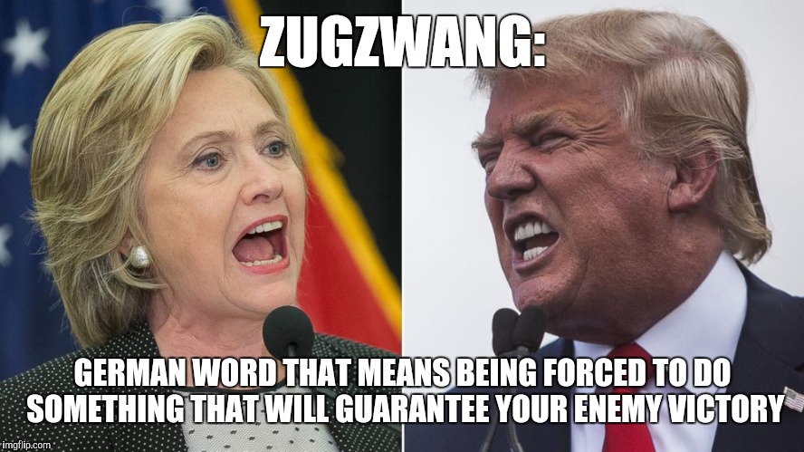 The Germans have a word for everything! | ZUGZWANG:; GERMAN WORD THAT MEANS BEING FORCED TO DO SOMETHING THAT WILL GUARANTEE YOUR ENEMY VICTORY | image tagged in trump hillary | made w/ Imgflip meme maker