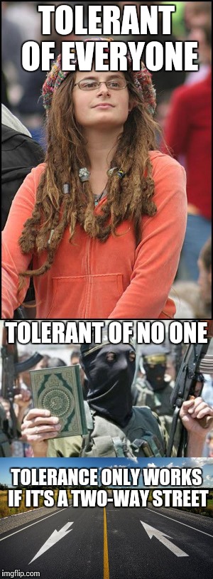 Something to consider | TOLERANT OF EVERYONE; TOLERANT OF NO ONE; TOLERANCE ONLY WORKS IF IT'S A TWO-WAY STREET | image tagged in memes | made w/ Imgflip meme maker