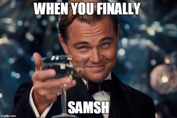 Leonardo Dicaprio Cheers | WHEN YOU FINALLY; SAMSH | image tagged in memes,leonardo dicaprio cheers | made w/ Imgflip meme maker