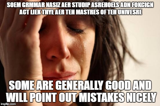 Doesnt apply to all | SOEM GRMMAR NASIZ AER STUDIP ASREHOELS ADN FOKCIGN ACT LIEK THYE AER TEH MASTRES OF TEH UNIVESRE; SOME ARE GENERALLY GOOD AND WILL POINT OUT MISTAKES NICELY | image tagged in memes,first world problems | made w/ Imgflip meme maker