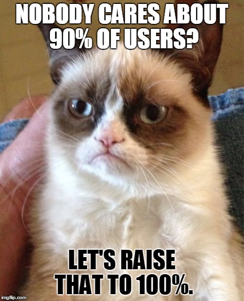 Grumpy Cat Meme | NOBODY CARES ABOUT 90% OF USERS? LET'S RAISE THAT TO 100%. | image tagged in memes,grumpy cat | made w/ Imgflip meme maker