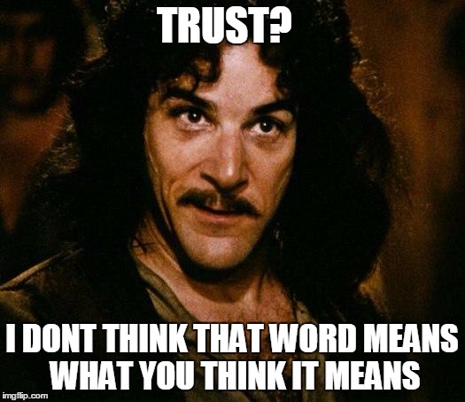 Inigo Montoya Meme | TRUST? I DONT THINK THAT WORD MEANS WHAT YOU THINK IT MEANS | image tagged in memes,inigo montoya | made w/ Imgflip meme maker