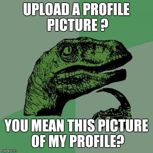 Philosoraptor | UPLOAD A PROFILE PICTURE ? YOU MEAN THIS PICTURE OF MY PROFILE? | image tagged in memes,philosoraptor | made w/ Imgflip meme maker