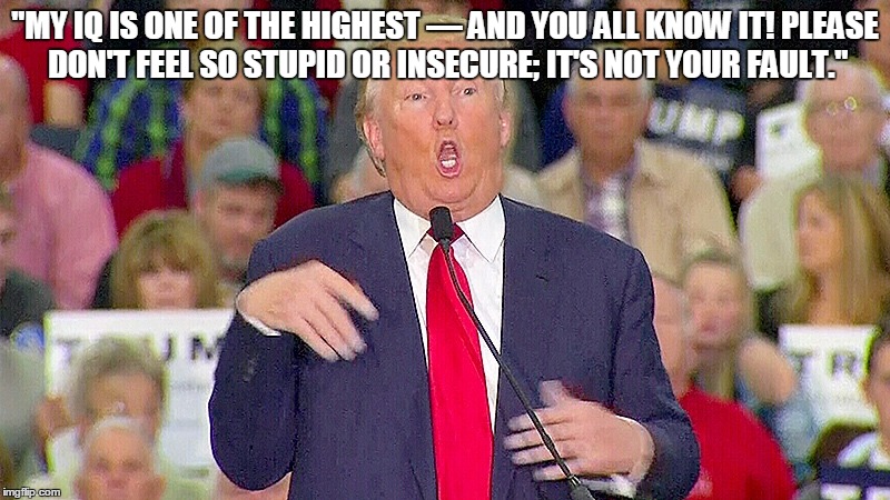 HandiTrump | "MY IQ IS ONE OF THE HIGHEST — AND YOU ALL KNOW IT! PLEASE DON'T FEEL SO STUPID OR INSECURE; IT'S NOT YOUR FAULT." | image tagged in handitrump | made w/ Imgflip meme maker
