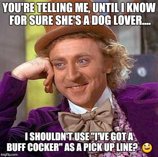 Creepy Condescending Wonka | YOU'RE TELLING ME, UNTIL I KNOW FOR SURE SHE'S A DOG LOVER.... I SHOULDN'T USE "I'VE GOT A BUFF COCKER" AS A PICK UP LINE?  😃 | image tagged in memes,creepy condescending wonka | made w/ Imgflip meme maker