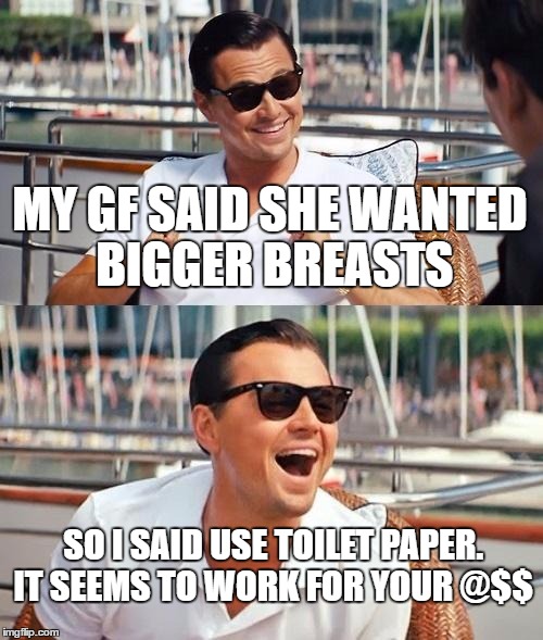 Leonardo Dicaprio Wolf Of Wall Street | MY GF SAID SHE WANTED BIGGER BREASTS; SO I SAID USE TOILET PAPER. IT SEEMS TO WORK FOR YOUR @$$ | image tagged in memes,leonardo dicaprio wolf of wall street | made w/ Imgflip meme maker