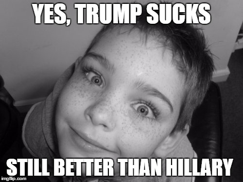 clinton | YES, TRUMP SUCKS; STILL BETTER THAN HILLARY | image tagged in hillary clinton | made w/ Imgflip meme maker