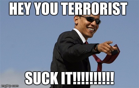 Cool Obama | HEY YOU TERRORIST; SUCK IT!!!!!!!!!! | image tagged in memes,cool obama | made w/ Imgflip meme maker