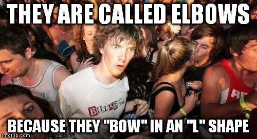 Sudden Clarity Clarence | THEY ARE CALLED ELBOWS; BECAUSE THEY "BOW" IN AN "L" SHAPE | image tagged in memes,sudden clarity clarence | made w/ Imgflip meme maker