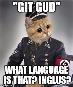 Grammar Nazi Cat | "GIT GUD"; WHAT LANGUAGE IS THAT? INGLUS? | image tagged in grammar nazi cat,grammar,git gud,incorrect,language,first world problems | made w/ Imgflip meme maker