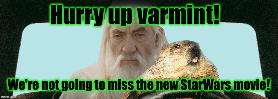 Gandalf Groundhog  | Hurry up varmint! We're not going to miss the new StarWars movie! | image tagged in gandalf groundhog | made w/ Imgflip meme maker