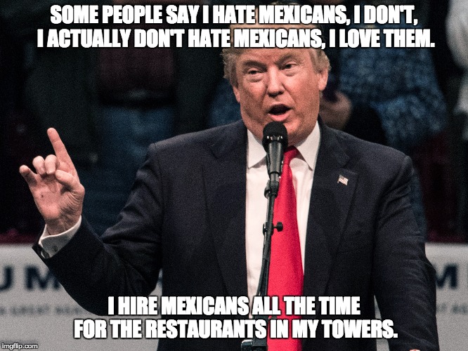MexiCAN | SOME PEOPLE SAY I HATE MEXICANS, I DON'T, I ACTUALLY DON'T HATE MEXICANS, I LOVE THEM. I HIRE MEXICANS ALL THE TIME FOR THE RESTAURANTS IN MY TOWERS. | image tagged in mexican,trump,racist,politics | made w/ Imgflip meme maker