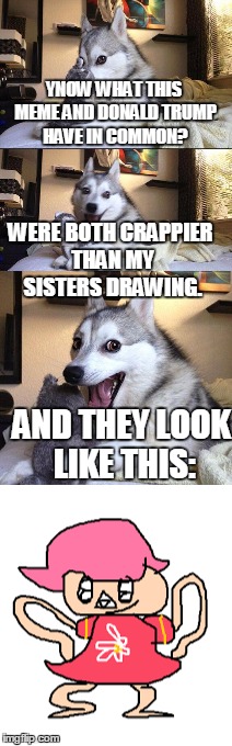 Don't look at the bottom! | YNOW WHAT THIS MEME AND DONALD TRUMP HAVE IN COMMON? WERE BOTH CRAPPIER THAN MY SISTERS DRAWING. AND THEY LOOK LIKE THIS: | image tagged in ugly girl,funny dog,pun | made w/ Imgflip meme maker