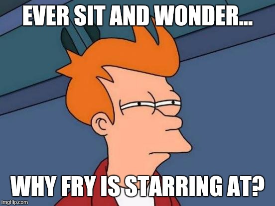 Hes squinting at something, but what really is it? | EVER SIT AND WONDER... WHY FRY IS STARRING AT? | image tagged in memes,futurama fry | made w/ Imgflip meme maker
